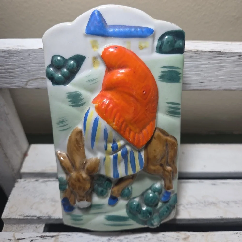 Vintage Japan Christmas Themed Mary Sitting Donkey Wall Pocket Religious Decor